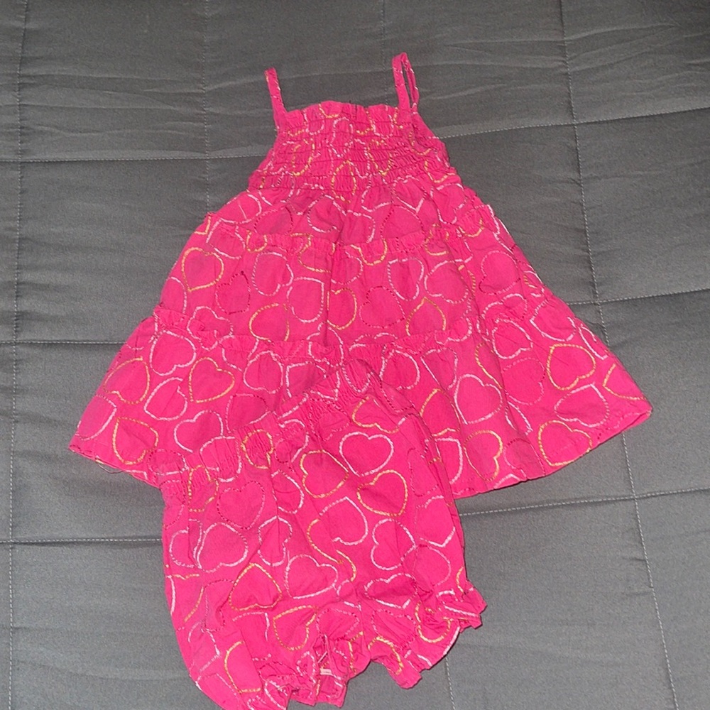 PENELOPE MACK 6-9 Month PINK RUFFLED EMBROIDERED HEARTS DRESS & matching Shorts.